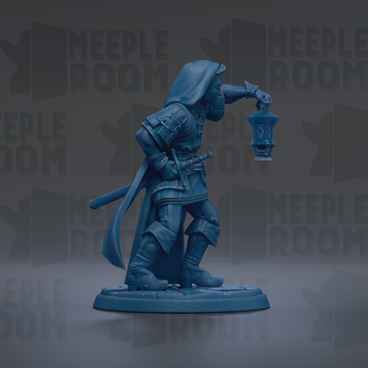 A blue figurine of a person holding a lantern, standing on a base.