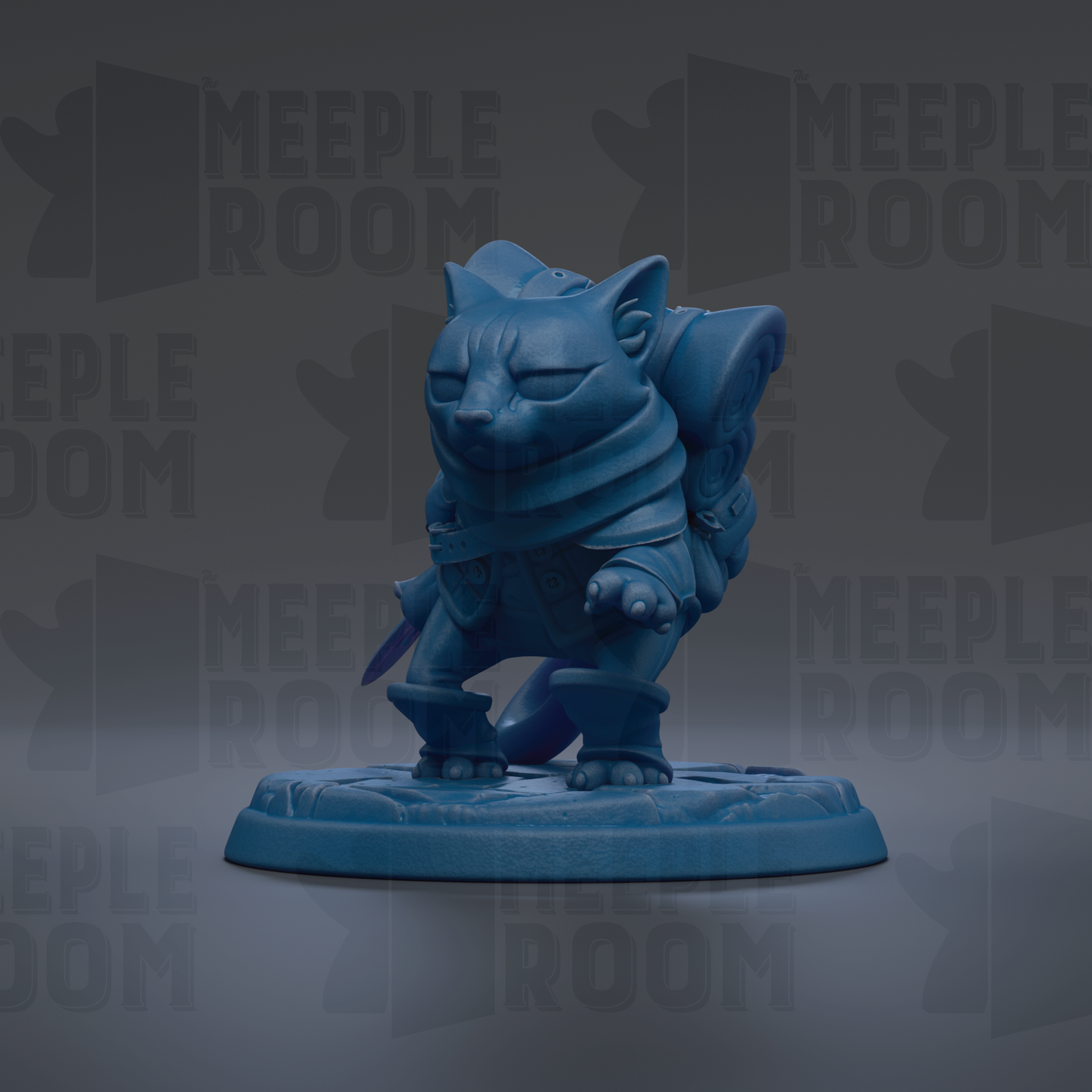 A blue figurine of a cat-like creature with a backpack and a sword, standing on a platform against a dark background with repeated text.