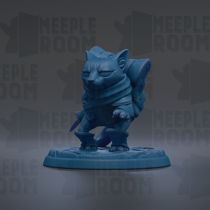A blue figurine of a cat-like creature with a backpack and a sword, standing on a platform against a dark background with repeated text.