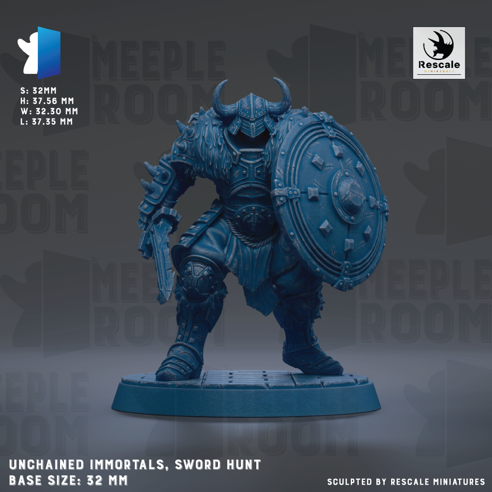 a blue armored warrior figure holding a shield, standing on a base. The warrior is wearing a helmet with horns and is holding a sword. The base size of the figure is 32mm.