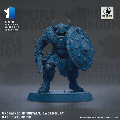 a blue armored warrior figure holding a shield, standing on a base. The warrior is wearing a helmet with horns and is holding a sword. The base size of the figure is 32mm.