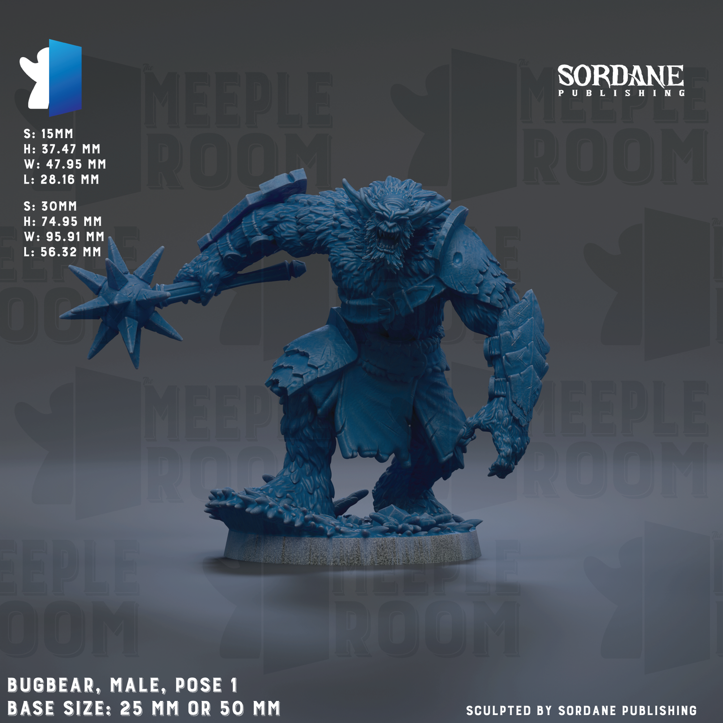 a male figurine of a bear, specifically a Bugbear, posed in a dynamic fighting stance. The figurine is made of a blue material and is shown in a standing position, with its arms raised and a weapon in hand. The base size of the figurine is 25 mm or 50 mm, depending on the perspective. The image is a collage of multiple images, and the phrase "SORDANE PUBLISHING" is visible, indicating that the image is published by Sordane.