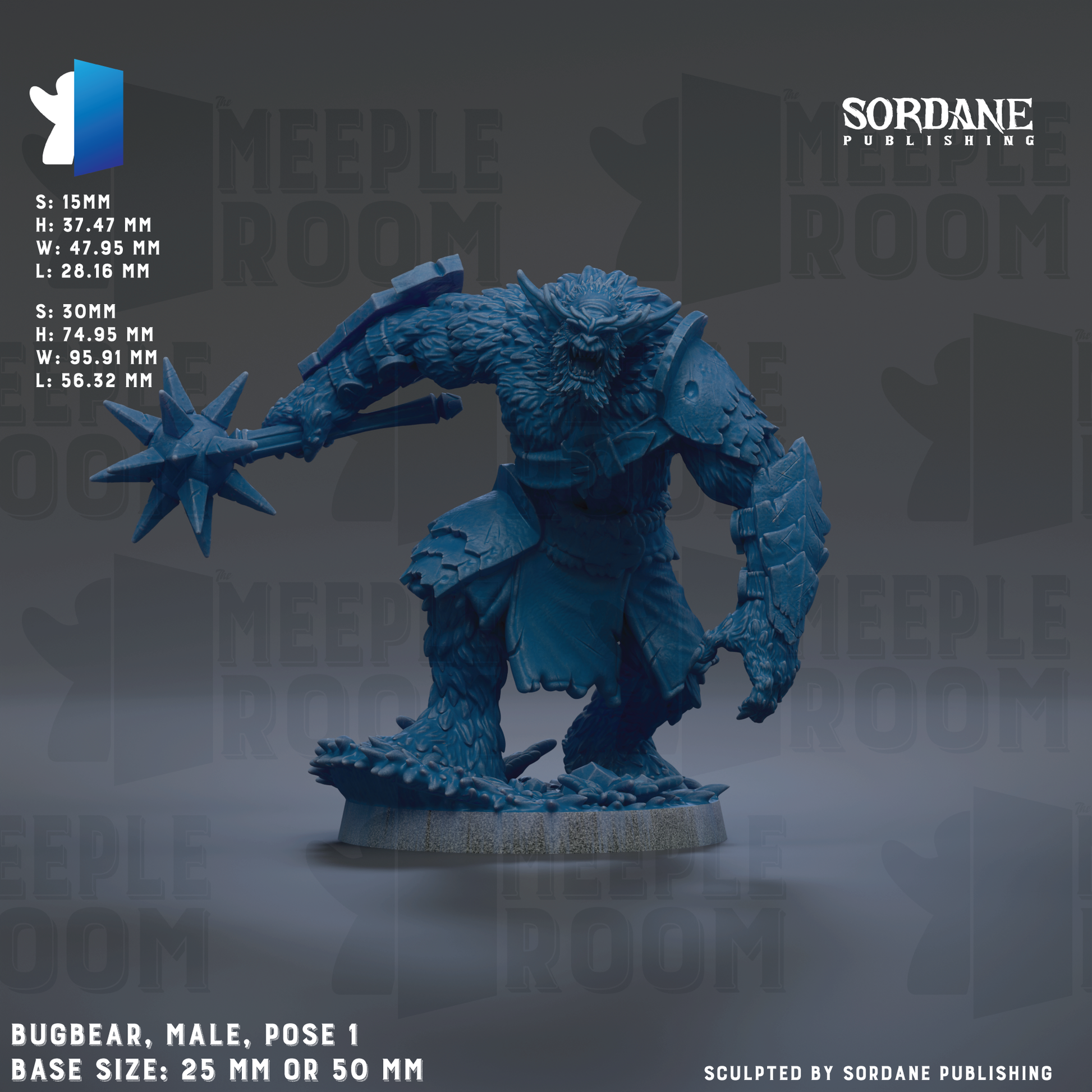 a male figurine of a bear, specifically a Bugbear, posed in a dynamic fighting stance. The figurine is made of a blue material and is shown in a standing position, with its arms raised and a weapon in hand. The base size of the figurine is 25 mm or 50 mm, depending on the perspective. The image is a collage of multiple images, and the phrase "SORDANE PUBLISHING" is visible, indicating that the image is published by Sordane.