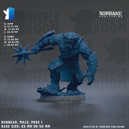a male figurine of a bear, specifically a Bugbear, posed in a dynamic fighting stance. The figurine is made of a blue material and is shown in a standing position, with its arms raised and a weapon in hand. The base size of the figurine is 25 mm or 50 mm, depending on the perspective. The image is a collage of multiple images, and the phrase "SORDANE PUBLISHING" is visible, indicating that the image is published by Sordane.