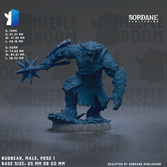 a male figurine of a bear, specifically a Bugbear, posed in a dynamic fighting stance. The figurine is made of a blue material and is shown in a standing position, with its arms raised and a weapon in hand. The base size of the figurine is 25 mm or 50 mm, depending on the perspective. The image is a collage of multiple images, and the phrase "SORDANE PUBLISHING" is visible, indicating that the image is published by Sordane.