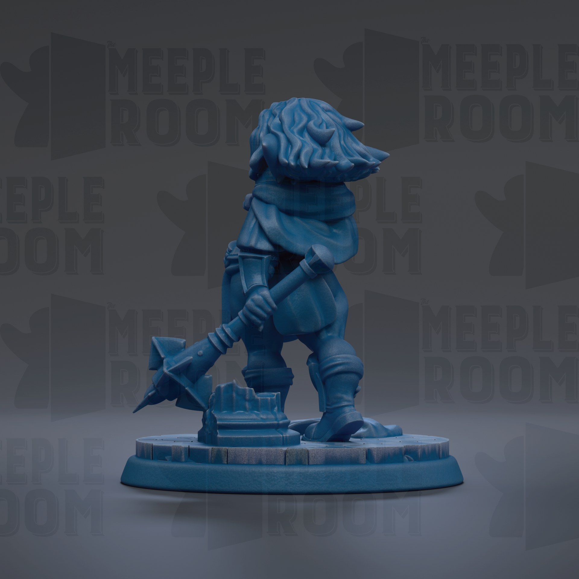 A blue figurine of a person holding a weapon, standing on a platform against a dark background with repeated text.