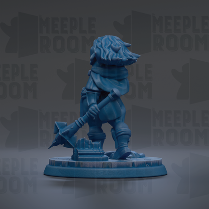A blue figurine of a person holding a weapon, standing on a platform against a dark background with repeated text.