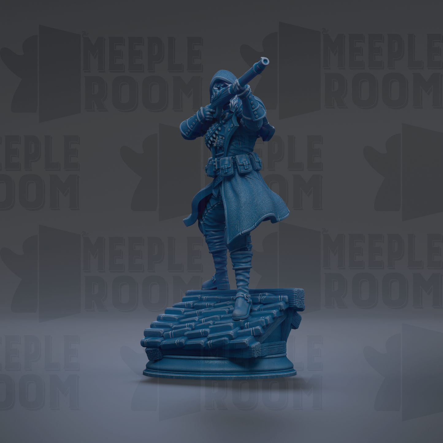 A blue figurine of a person holding a weapon, standing on a platform or structure, with the text "MEUPLE ROOM" repeated in the background.
