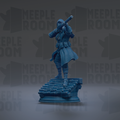 A blue figurine of a person holding a weapon, standing on a platform or structure, with the text "MEUPLE ROOM" repeated in the background.