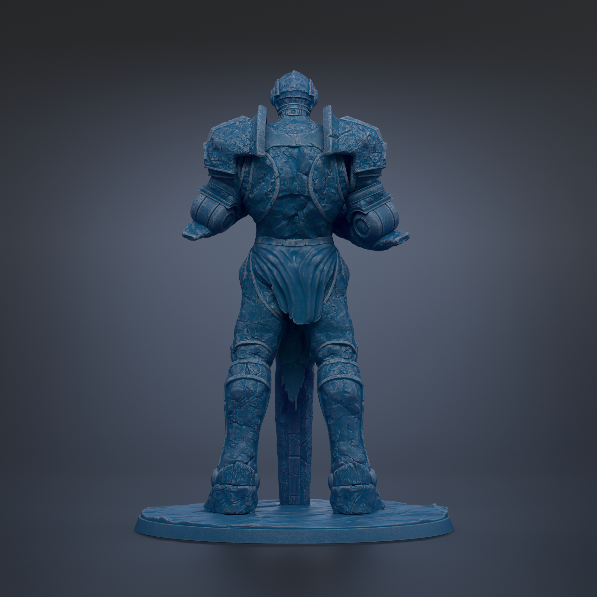 A blue armored figure stands in a dark environment, facing away from the camera.