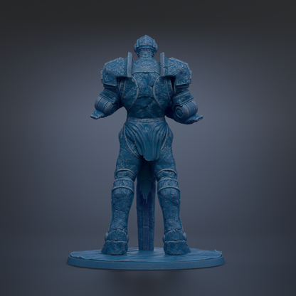 A blue armored figure stands in a dark environment, facing away from the camera.