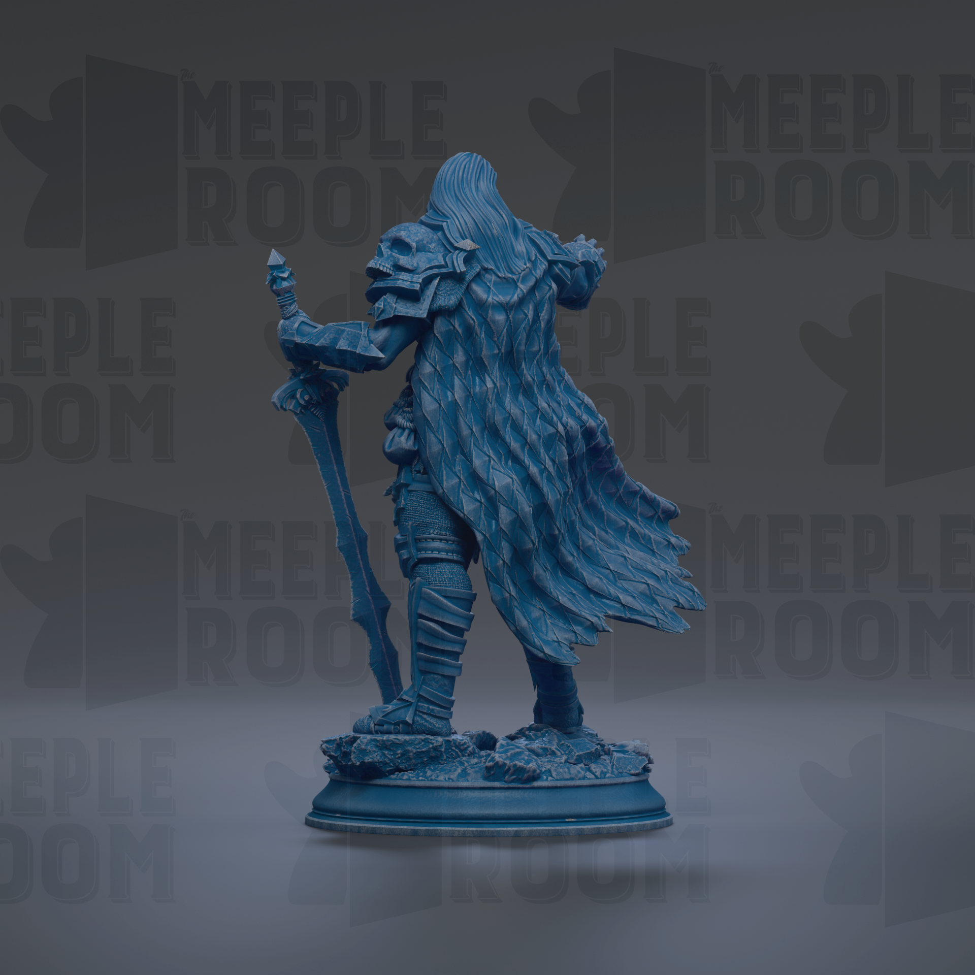 A blue statue of a warrior figure holding a sword and shield, standing on a pedestal.