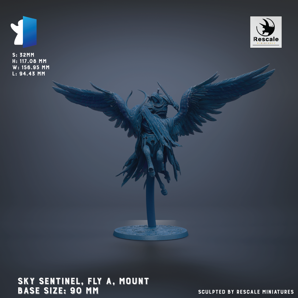 a blue sculpture of a winged creature, possibly a mythical or fantastical being, mounted on a circular base. The sculpture is described as "SKY SENTINEL, FLY A, MOUNT" and "BASE SIZES: 90 MM". The image is a collage of multiple images, and the phrase "Sculpted by RESCALE MINIATURES" is mentioned at the bottom.
