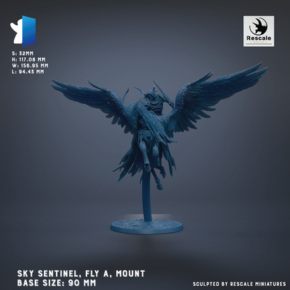 a blue sculpture of a winged creature, possibly a mythical or fantastical being, mounted on a circular base. The sculpture is described as "SKY SENTINEL, FLY A, MOUNT" and "BASE SIZES: 90 MM". The image is a collage of multiple images, and the phrase "Sculpted by RESCALE MINIATURES" is mentioned at the bottom.