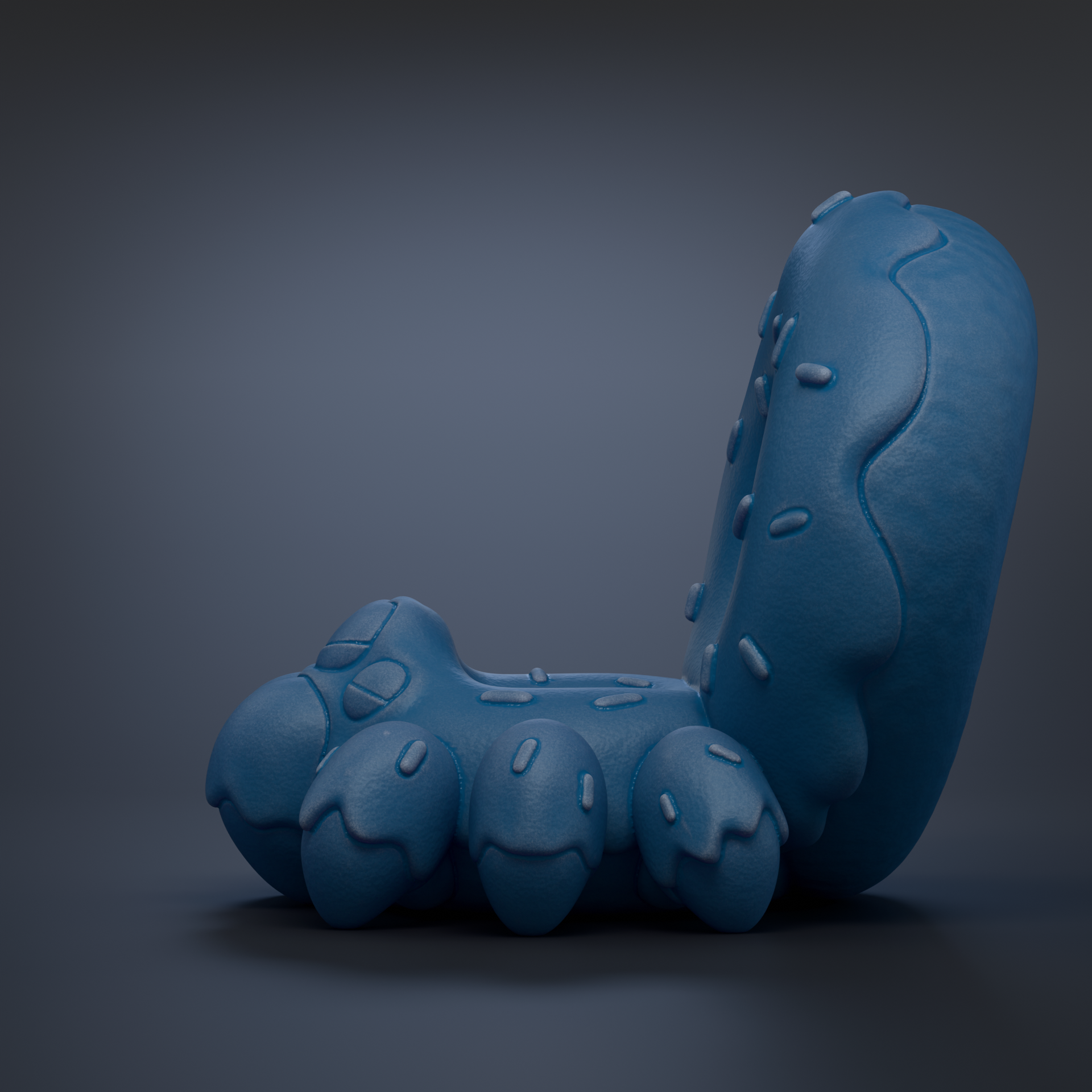 A 3D rendering of a blue, cartoonish donut-shaped object with a wavy texture and small white dots.