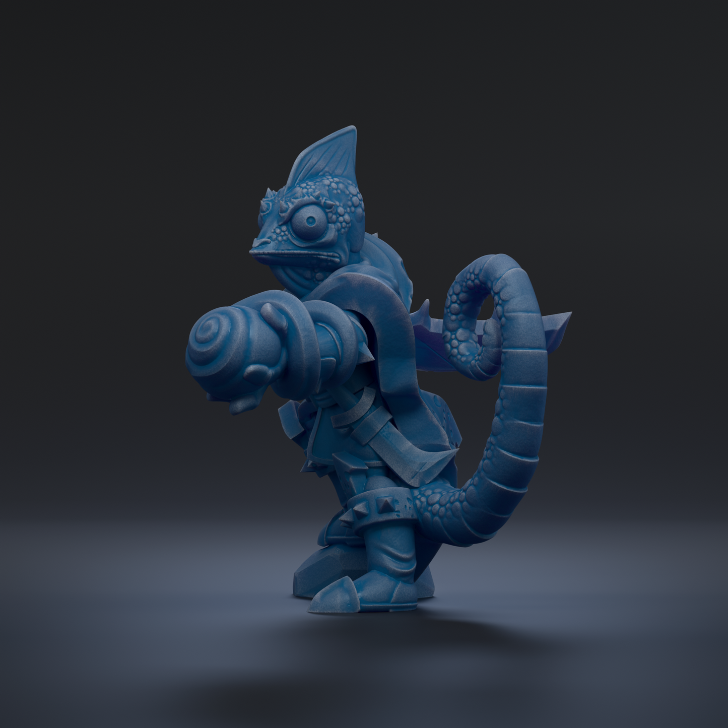 A blue, chameleon-like creature with a curled tail and sharp teeth is depicted in the image.