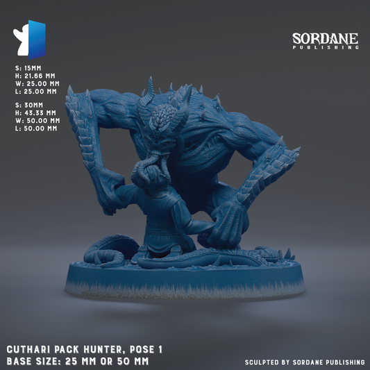 The image is a 3D rendering of a blue, monster-like creature with sharp teeth and claws, posed in a dynamic fighting stance. The creature appears to be a Pack Hunter, as indicated by the text "Cuthiari Pack Hunter, pose 1". The base size of the figure is either 25mm or 50mm, depending on the interpretation. The image is a collage of multiple images, and the phrase "Sculpted by Sordane Publishing" is present, suggesting that the image is a product of Sordane Publishing.