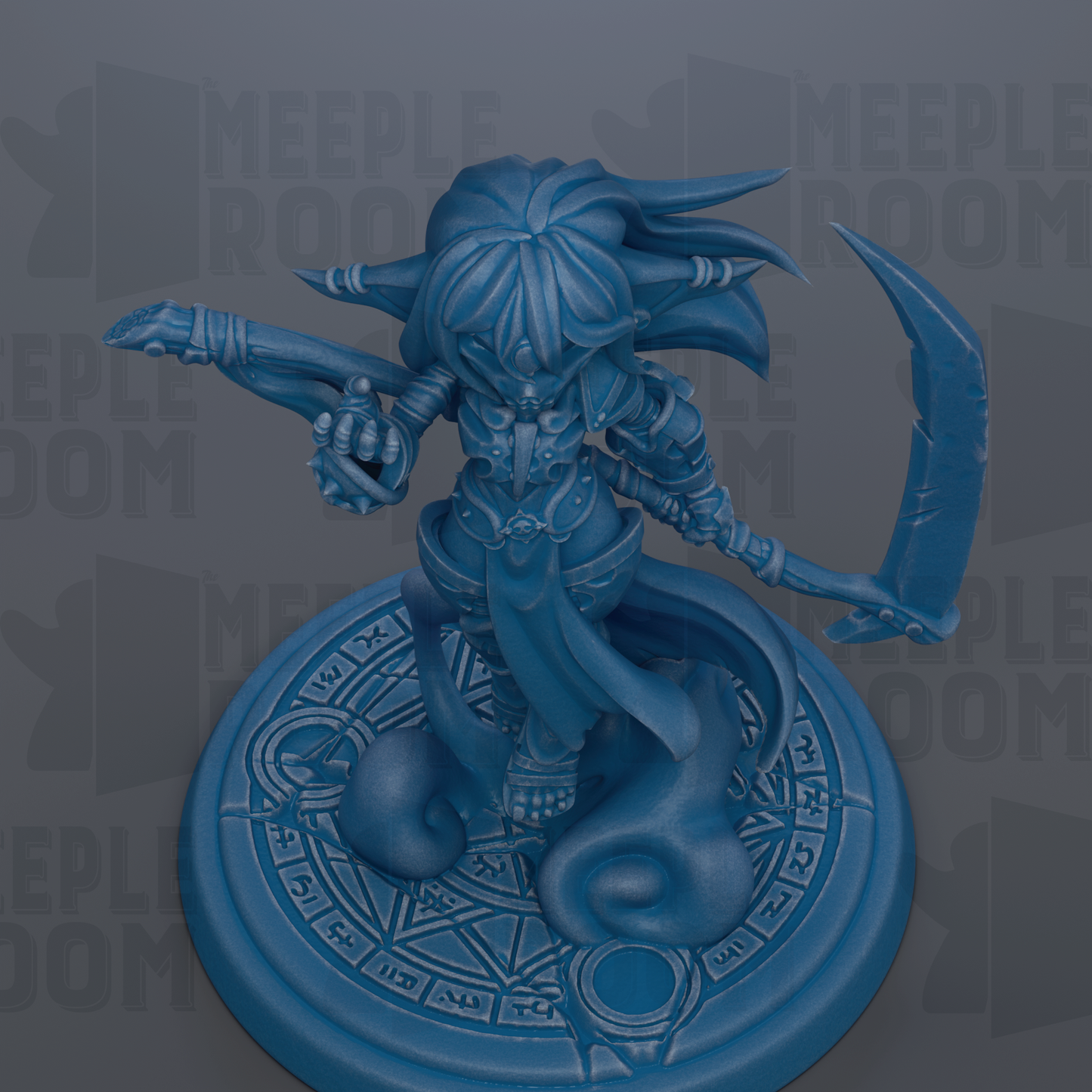 A blue figurine of a character with a sword and shield, standing on a circular base with a geometric pattern.