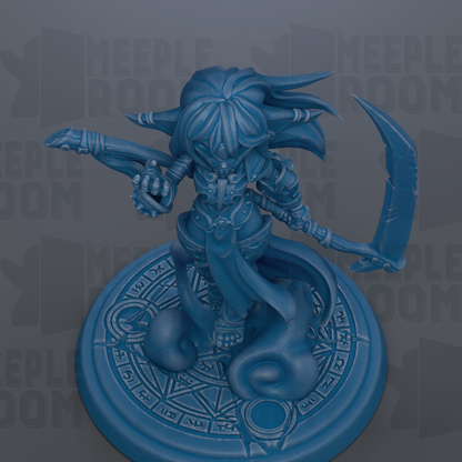 A blue figurine of a character with a sword and shield, standing on a circular base with a geometric pattern.