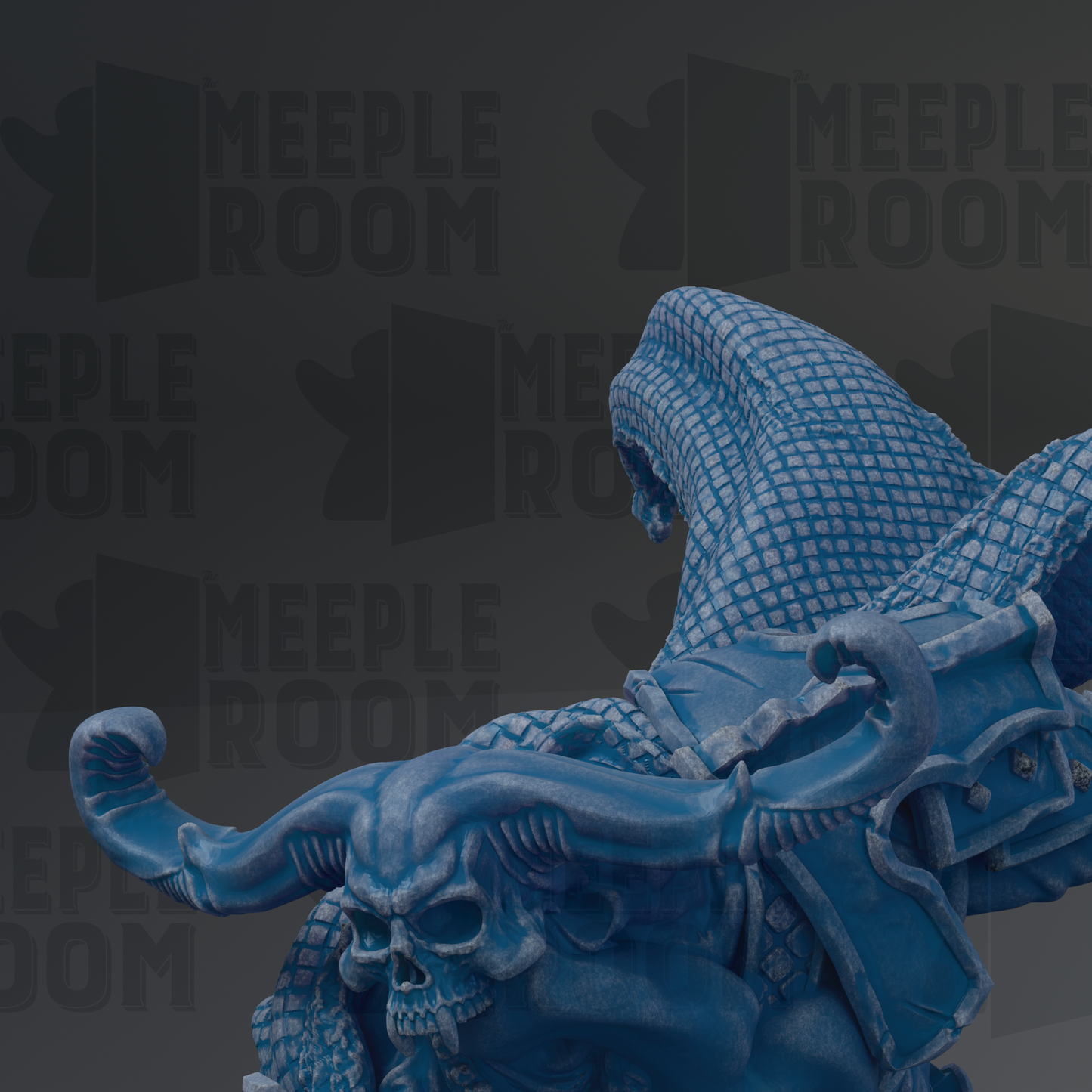 A blue, sculpted dragon-like creature with horns and a fierce expression, set against a dark background with repeated text.