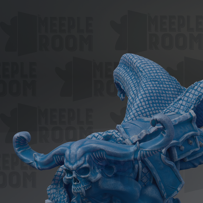 A blue, sculpted dragon-like creature with horns and a fierce expression, set against a dark background with repeated text.