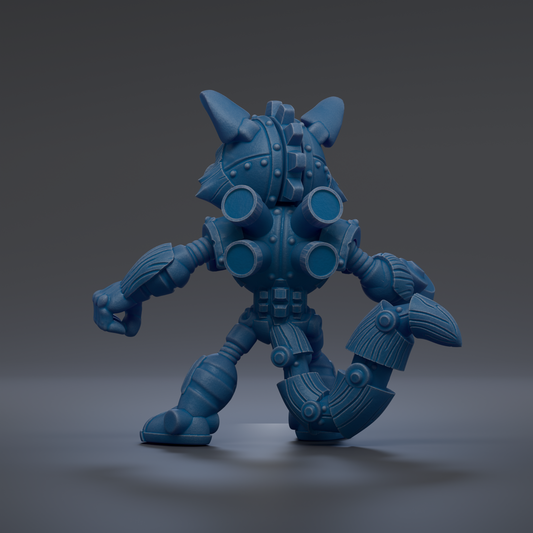 A blue, mechanical robot with various mechanical parts and features, including a large head, arms, and legs, is depicted in the image.