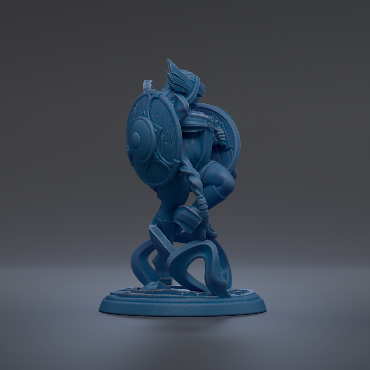 A blue statue of a warrior figure holding a shield and sword, standing on a base.