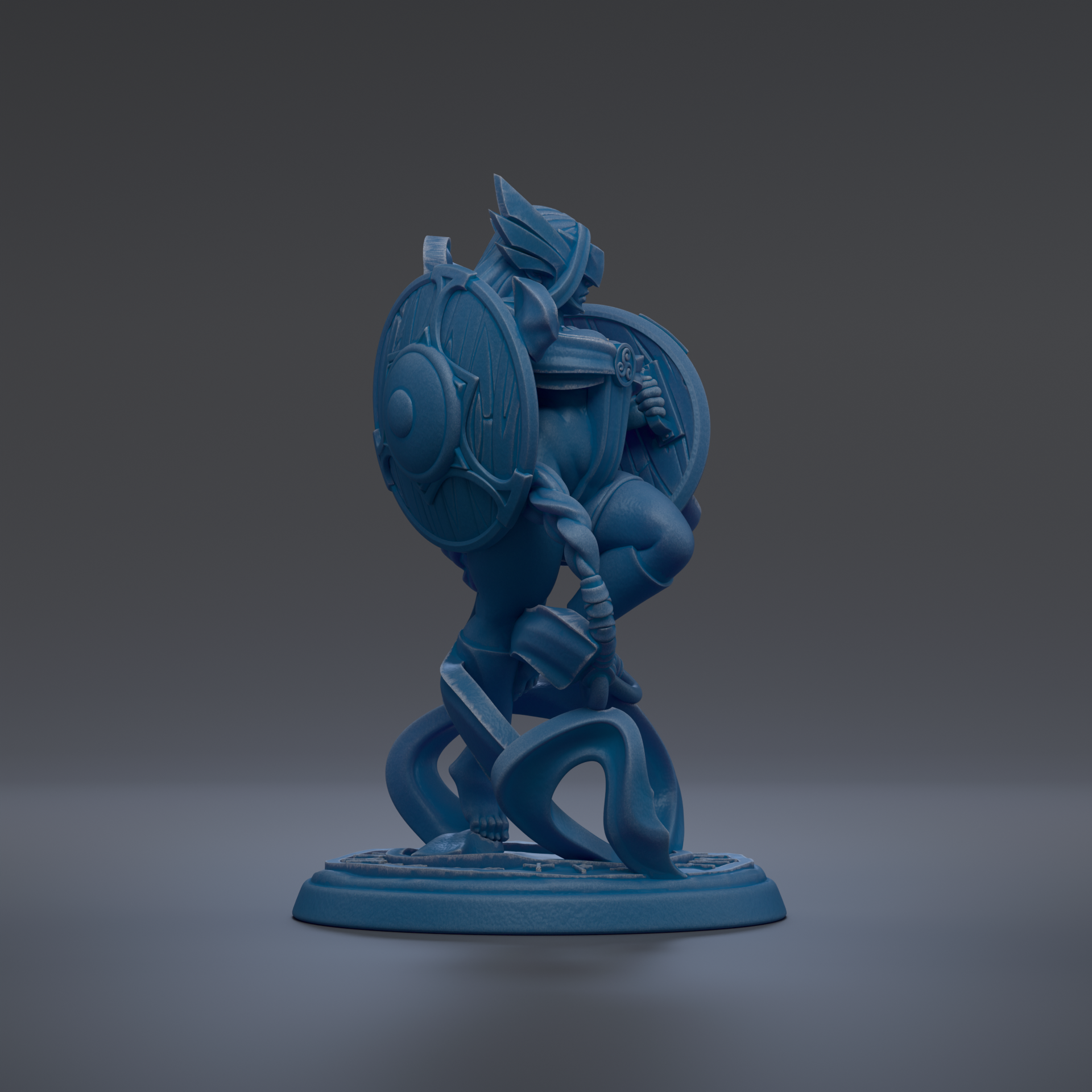 A blue statue of a warrior figure holding a shield and sword, standing on a base.