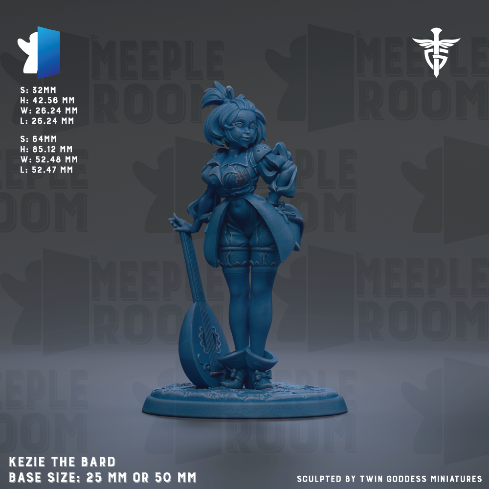 a figurine of a woman, specifically named 'Kezie the Bard', who is holding a lute. The figurine is described as being 25mm or 50mm in size, and it is sculpted by Twin Goddess miniatures. The background of the image is a dark gray color, and there are repeated instances of the word 'MEIPLE' in the background.