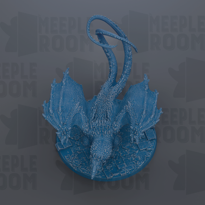 A blue dragon figurine with wings and scales is displayed against a dark background with repeated text.