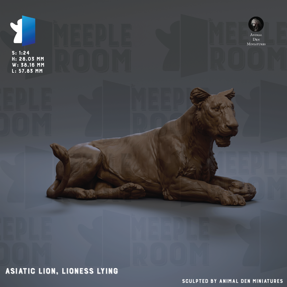 The image is a 3D rendering of a lion statue, specifically an Asian lion and a lioness lying down. The lion is depicted in a reclining position, with its head resting on its paw. The lion is shown in a realistic style, with attention to detail in its facial features and body posture. The background of the image is a dark gray color, which contrasts with the lion and makes it stand out. The image is a 3D rendering of a lion statue, and it is not a photograph or a painting.