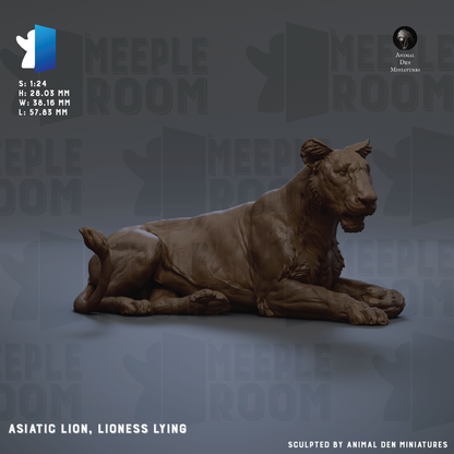 The image is a 3D rendering of a lion statue, specifically an Asian lion and a lioness lying down. The lion is depicted in a reclining position, with its head resting on its paw. The lion is shown in a realistic style, with attention to detail in its facial features and body posture. The background of the image is a dark gray color, which contrasts with the lion and makes it stand out. The image is a 3D rendering of a lion statue, and it is not a photograph or a painting.
