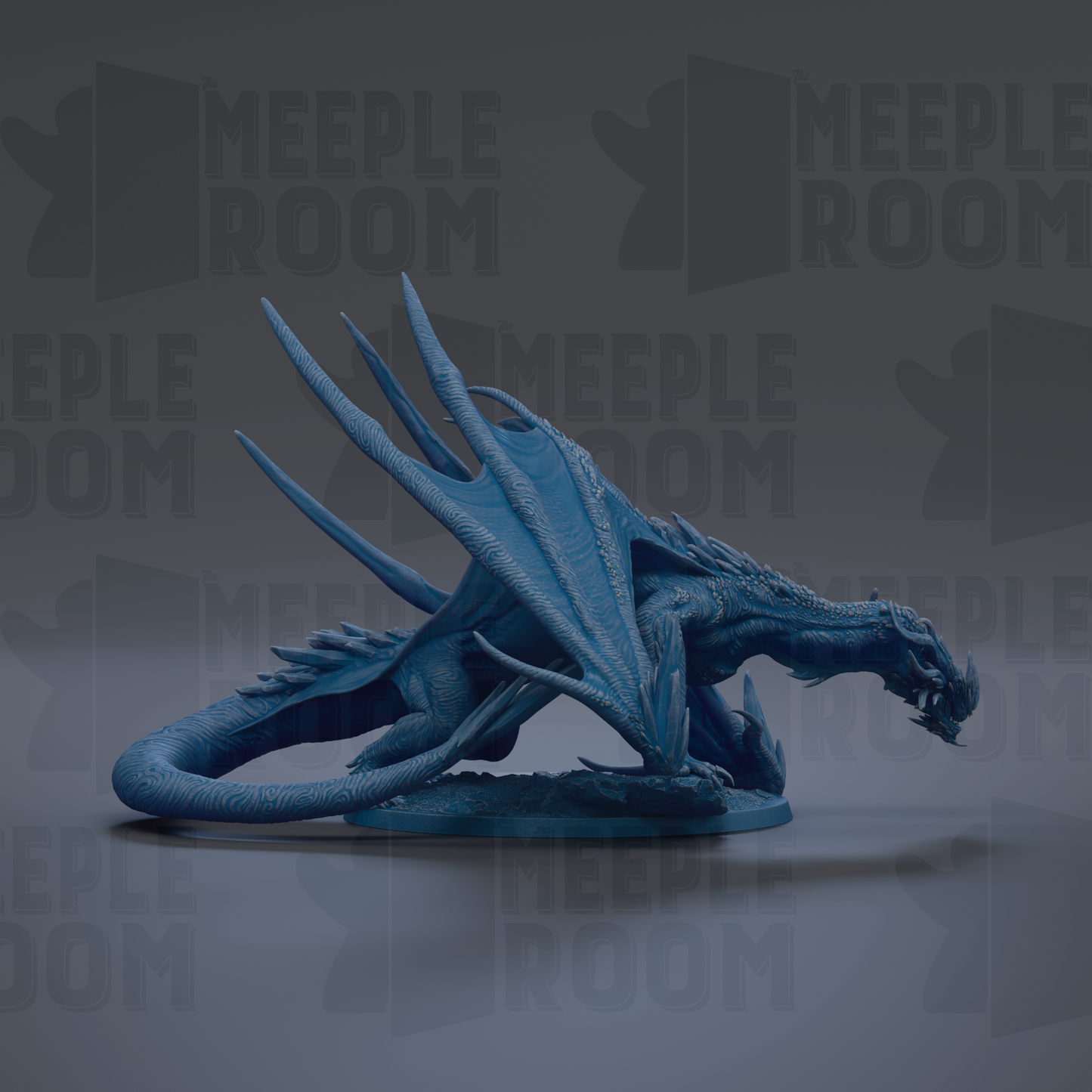 A blue dragon figurine is shown in the image, with its wings spread wide and its mouth open, appearing to be in a dynamic pose.