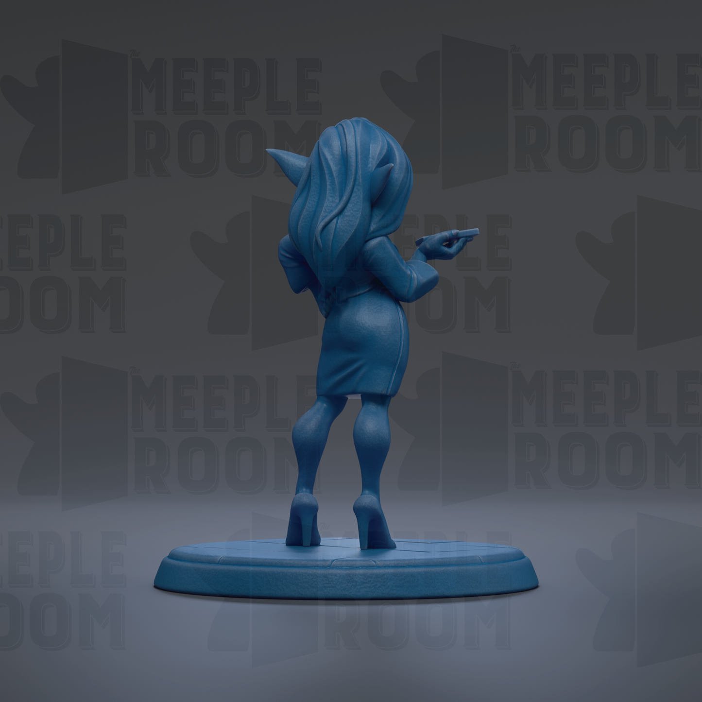 A blue figurine of a woman with long hair and a dress is standing on a blue base, facing away from the camera.