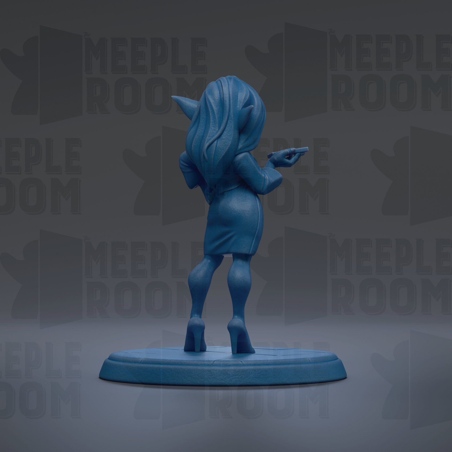 A blue figurine of a woman with long hair and a dress is standing on a blue base, facing away from the camera.