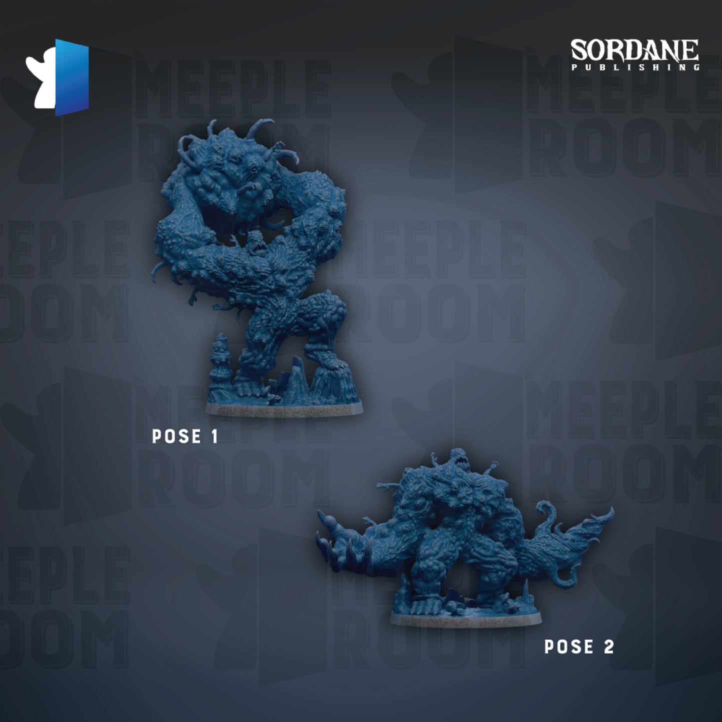 two blue figurines, each with a unique pose, set against a dark background with repeated text.