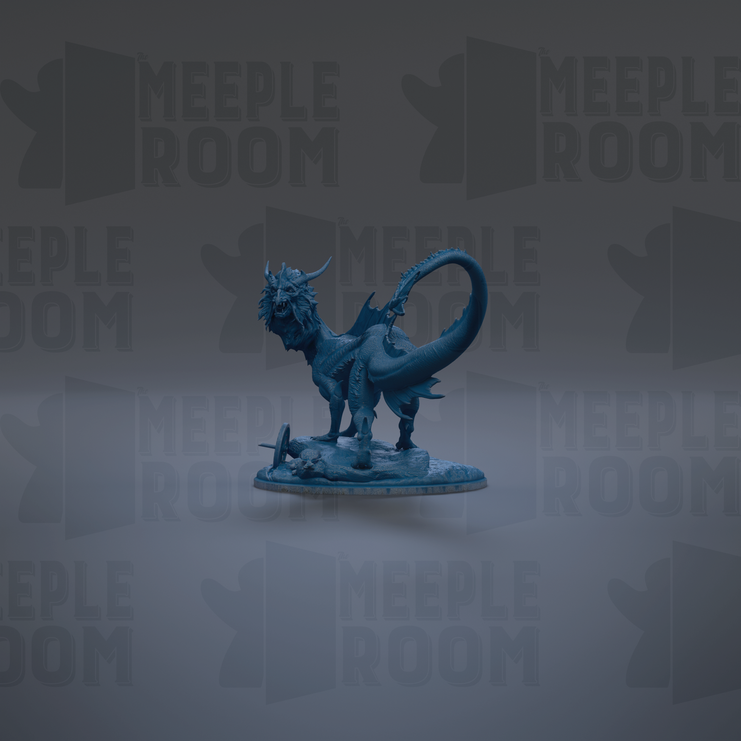 A blue dragon figurine is displayed against a gray background with repeated "MEIPLLE ROOM" text.