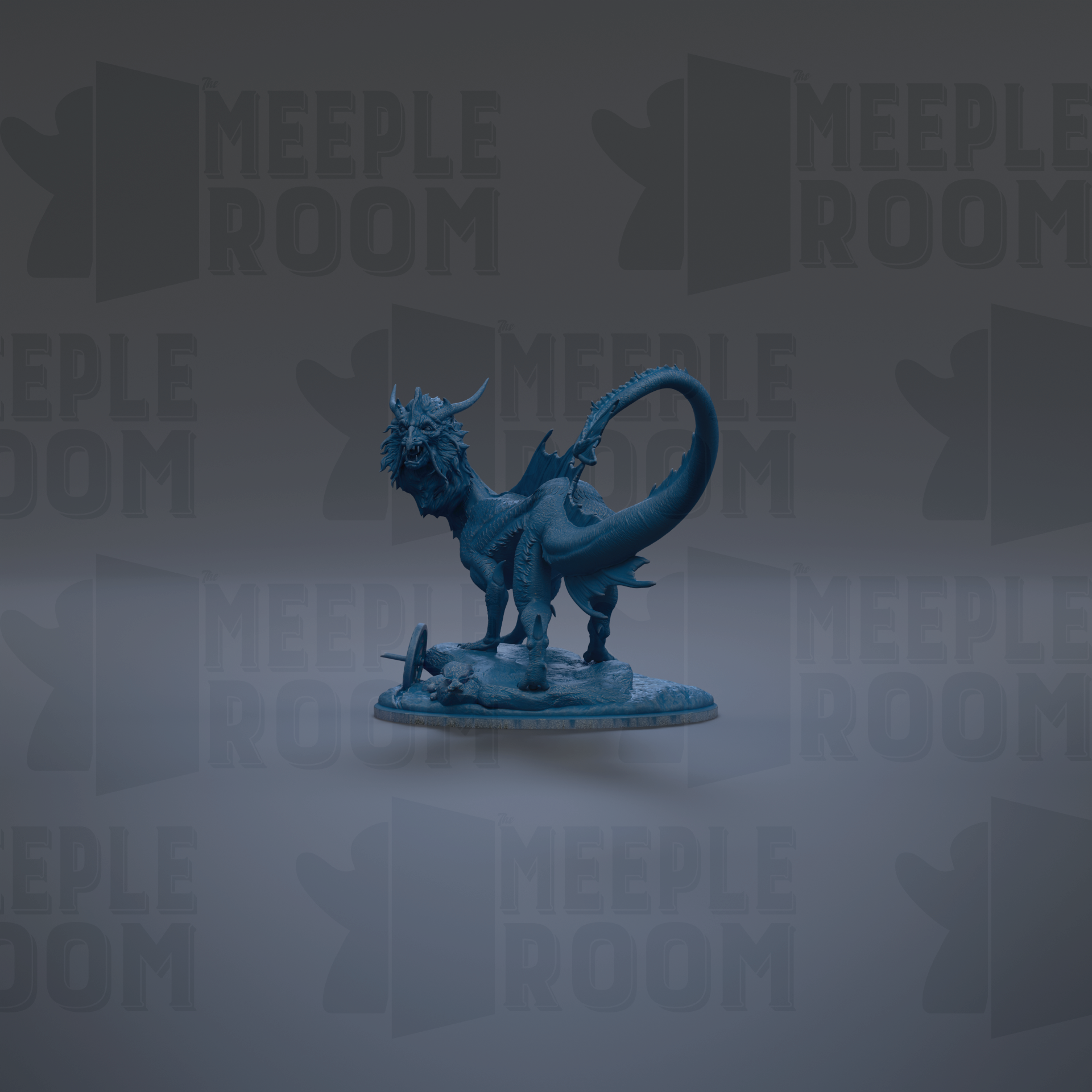A blue dragon figurine is displayed against a gray background with repeated "MEIPLLE ROOM" text.