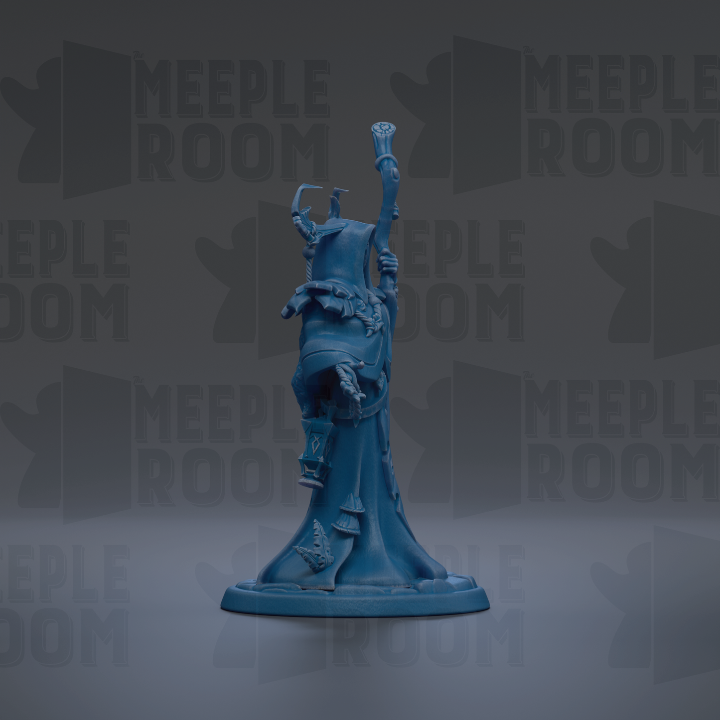 A blue figurine of a person standing on a pedestal against a dark background with repeated text.