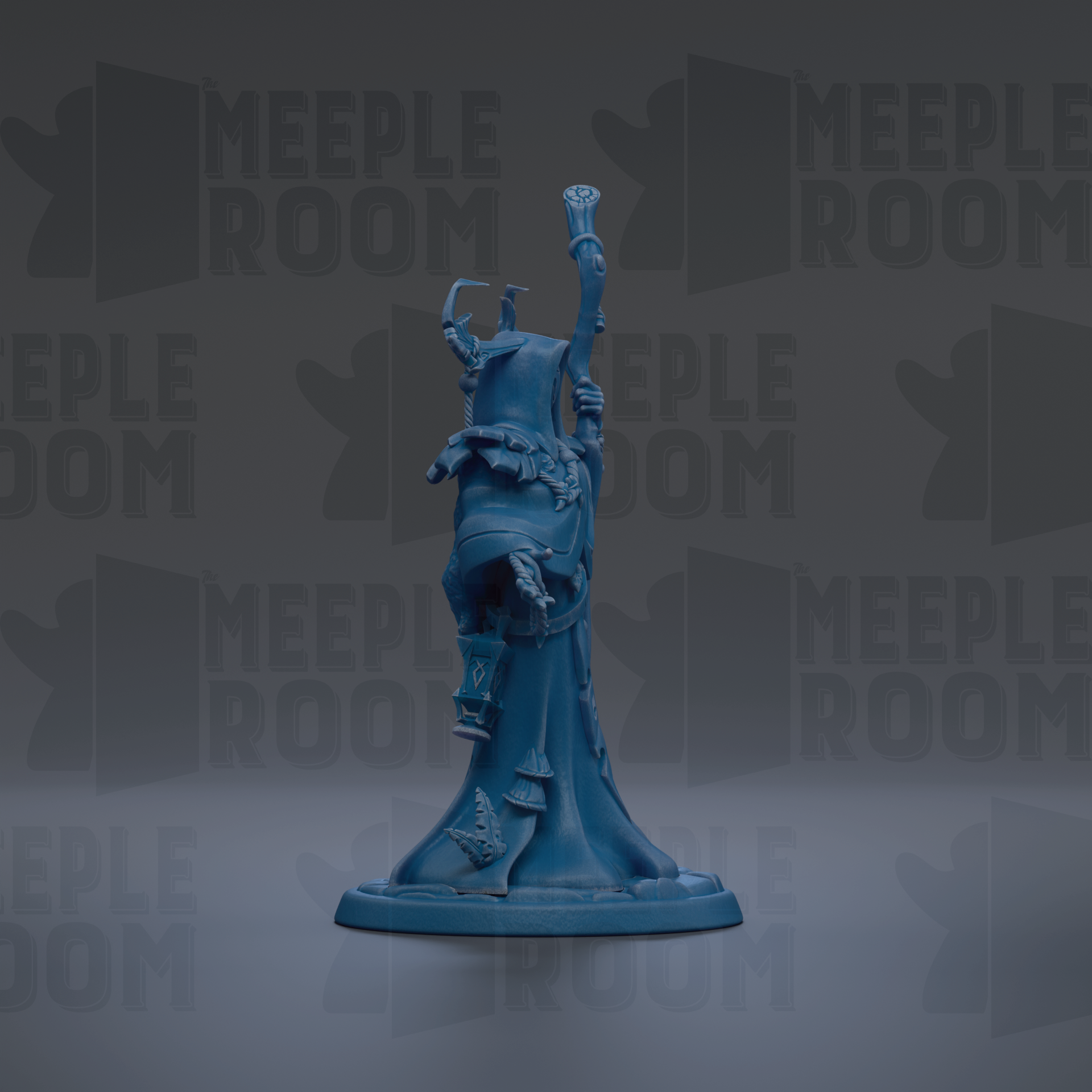 A blue figurine of a person standing on a pedestal against a dark background with repeated text.