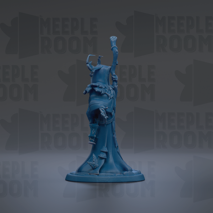A blue figurine of a person standing on a pedestal against a dark background with repeated text.