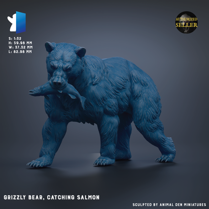 A 3D rendering of a blue Grizzly bear catching a salmon.
