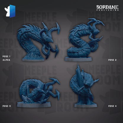 four blue figurines of fantastical creatures, each with unique poses and features, arranged in a grid-like pattern against a dark background.