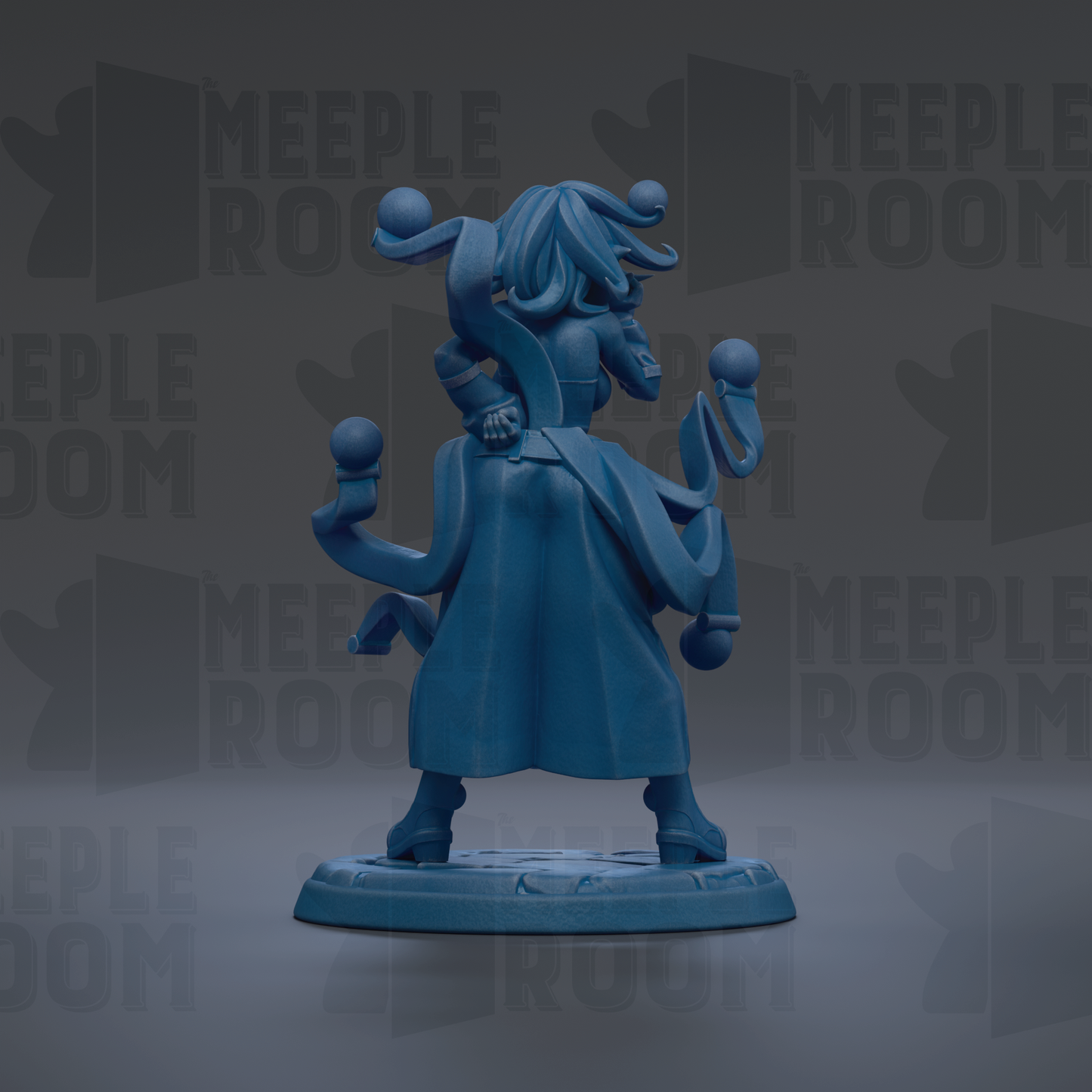 A blue figurine of a person with a large head and multiple arms, standing on a base.