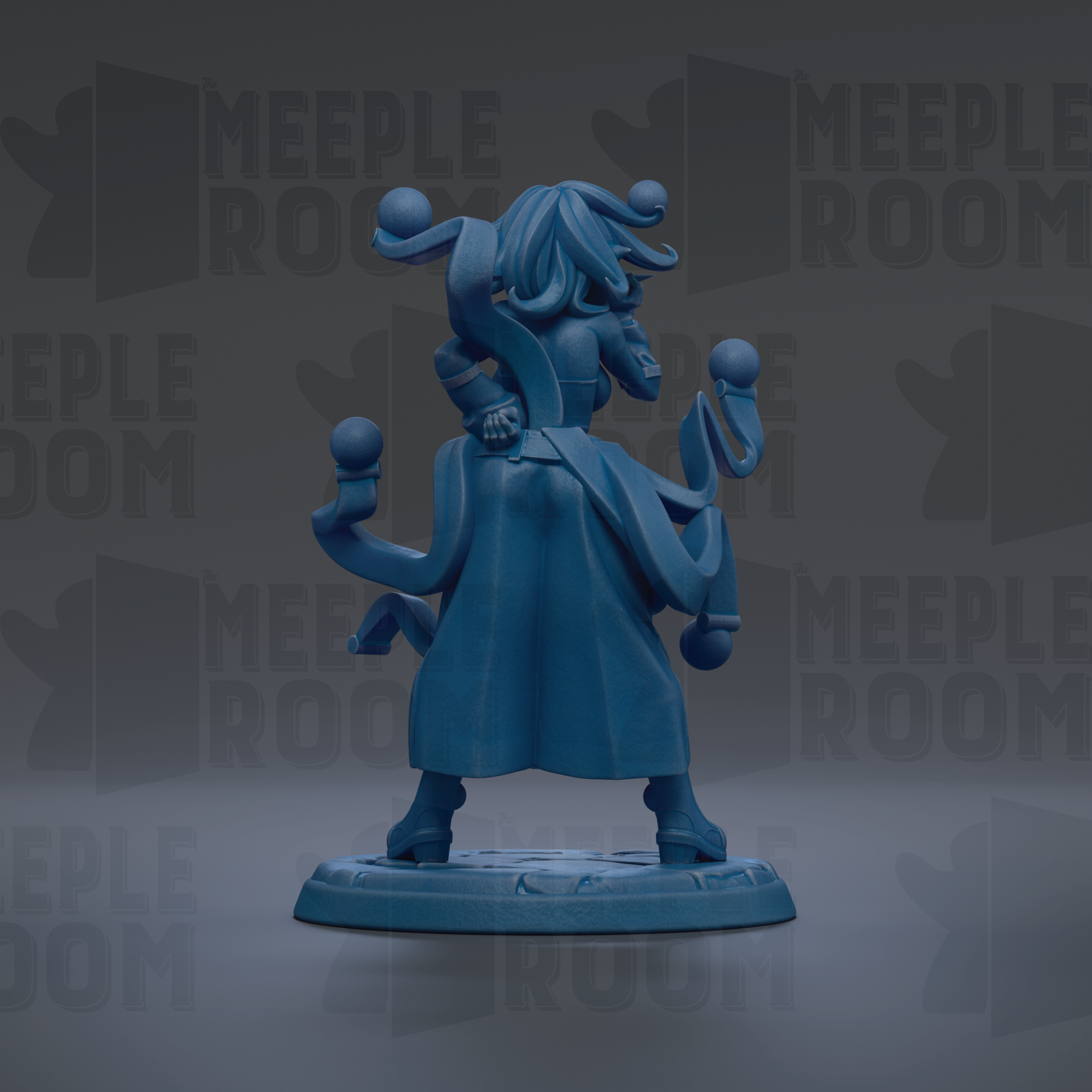 A blue figurine of a person with a large head and multiple arms, standing on a base.