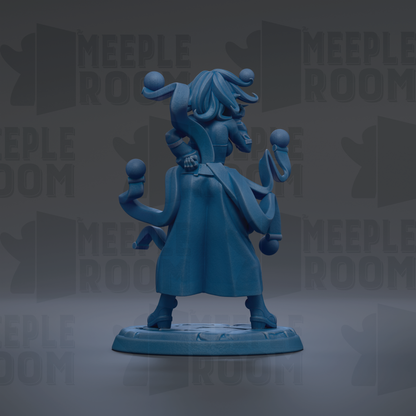 A blue figurine of a person with a large head and multiple arms, standing on a base.