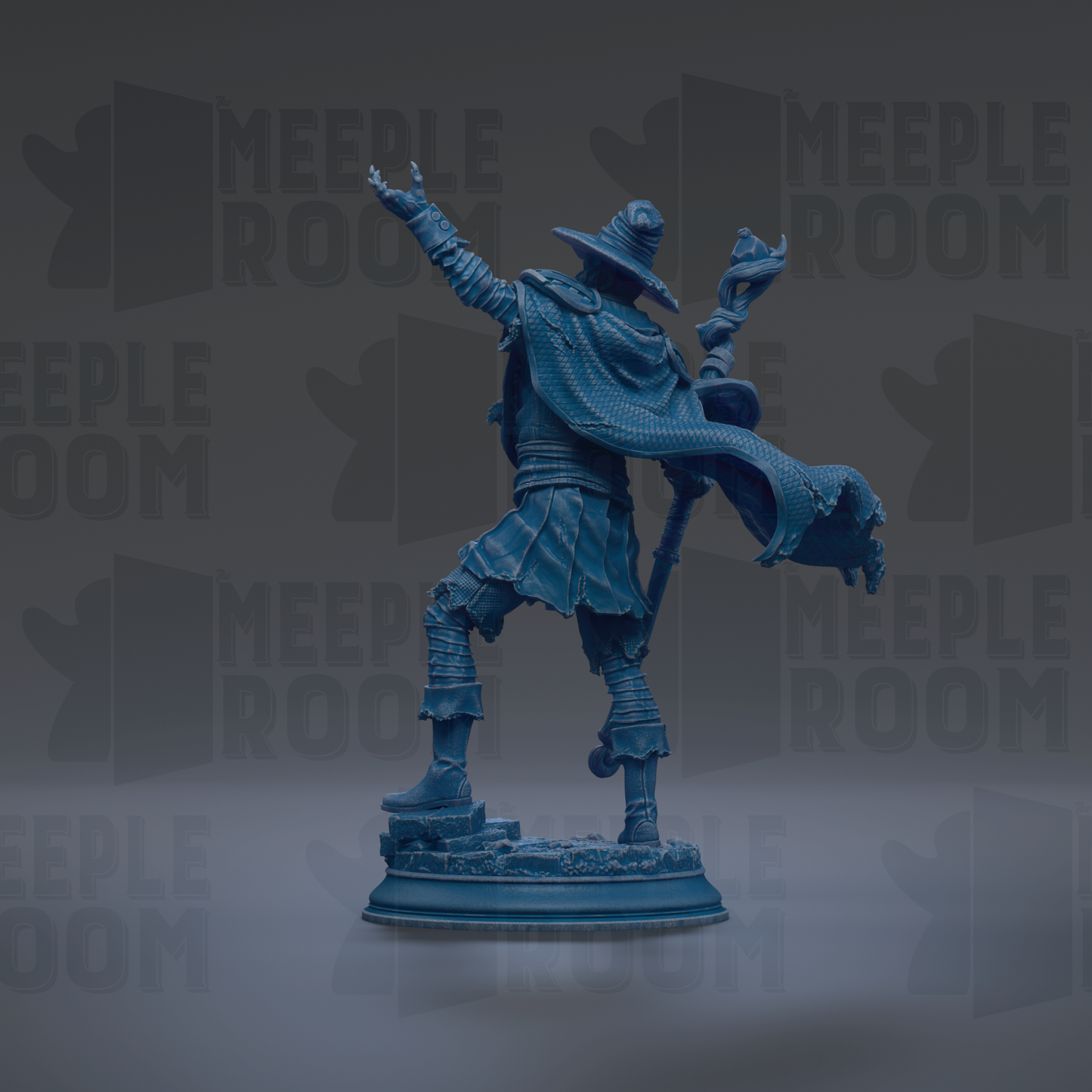 A blue statue of a figure with outstretched arms and a flowing cape, standing on a pedestal against a dark background with repeated text.
