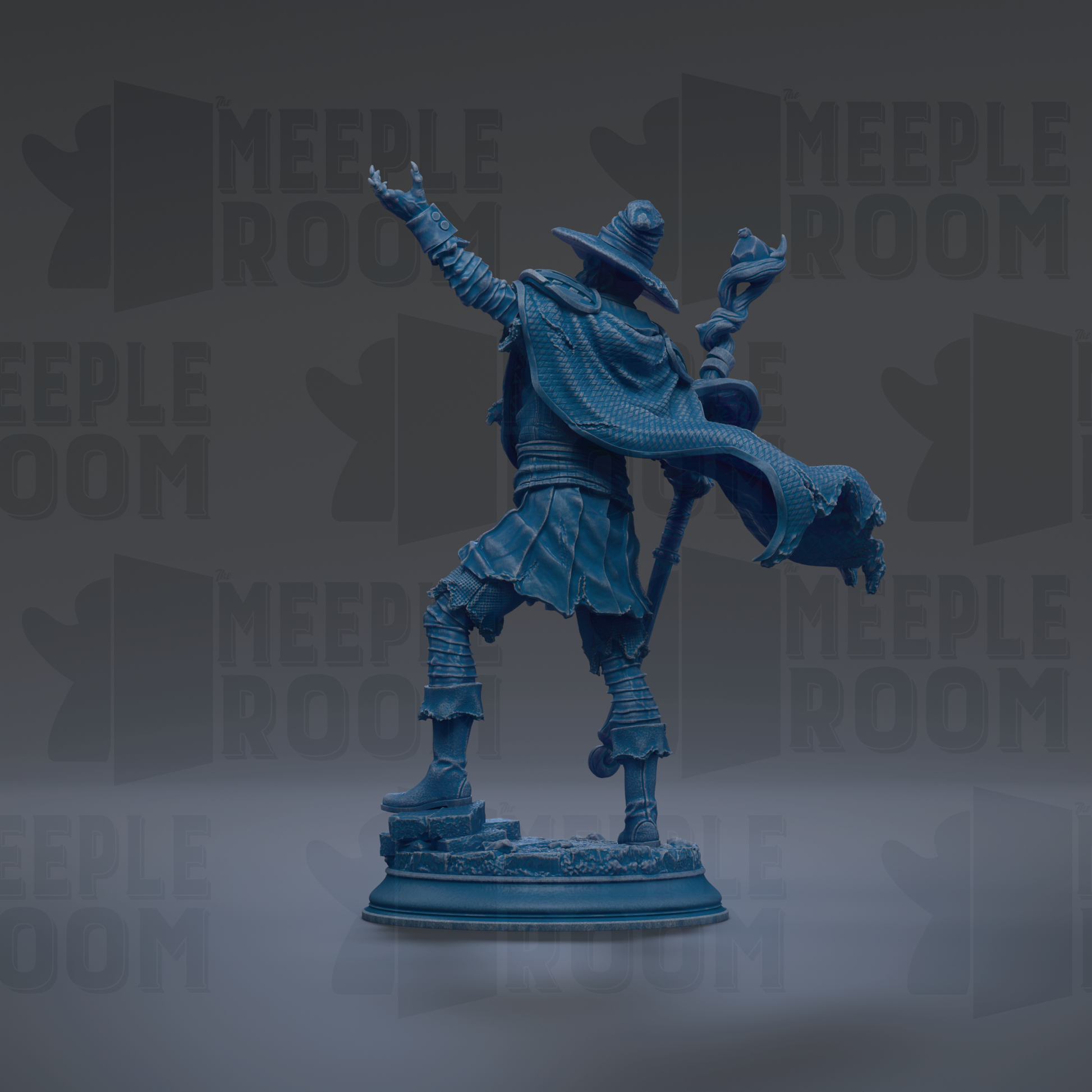A blue statue of a figure with outstretched arms and a flowing cape, standing on a pedestal against a dark background with repeated text.