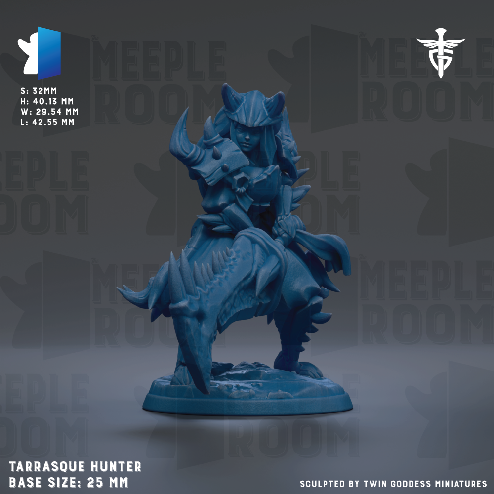 The image is a 3D model of a Tarrasque Hunter figurine, which is a fantasy character from the video game Tarrasque. The figurine is depicted in a dynamic pose, riding a dragon-like creature. The base size of the figurine is 25mm. The image is a 3D rendering of the figurine, and it is presented against a dark background with the text "MEIPLE ROOM" repeated multiple times. The image is a 3D model of the Tarrasque Hunter figurine, and it is presented in a dynamic pose.