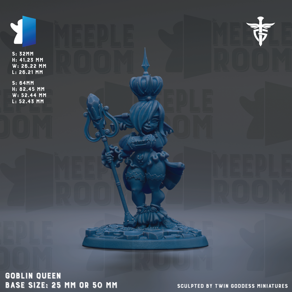 a blue figurine of a female character, possibly a queen or a princess, standing on a base and holding a staff or weapon. The figurine is described as a "Goblin Queen" and is shown in various sizes, including 25mm and 50mm. The background of the image is a dark gray color, and there are repeated instances of the word "MEIPLE ROOM" throughout the image.